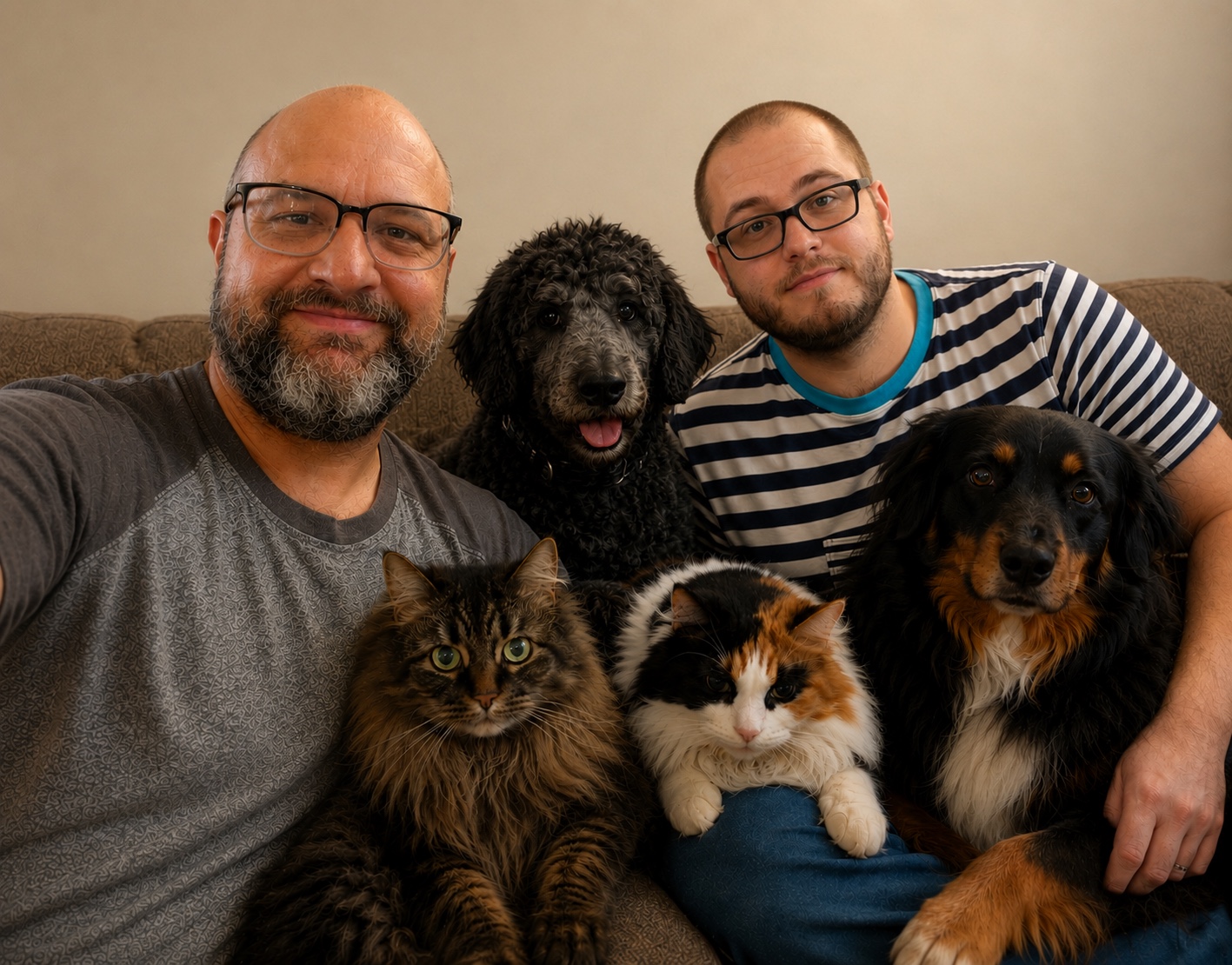 Gary and Derick at home with Thrall, Padfoot, Lilith, and Tip
